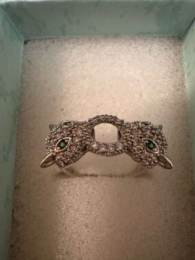Silver Double-Headed Cat  Ring with Green Accent Stones